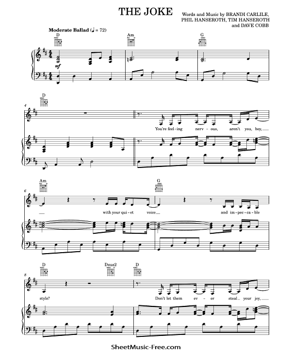 The joke Sheet Music Brandi Carlile PDF Free Download Piano Sheet Music by Brandi Carlile. The joke Piano Sheet Music The joke Music Notes The joke Music Score