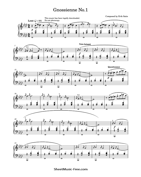 Gnossienne No. 1 Sheet Music Erik Satie PDF Free Download Piano Sheet Music by Erik Satie. Gnossienne No. 1 Piano Sheet Music Gnossienne No. 1 Music Notes Gnossienne No. 1 Music Score
