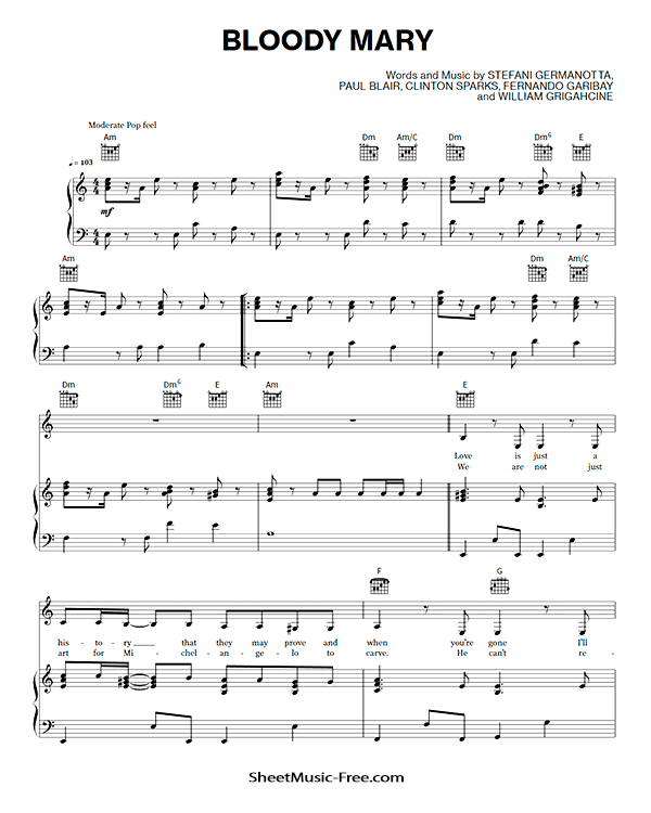 Bloody Mary Sheet Music Lady Gaga PDF Free Download Piano Sheet Music by Lady Gaga. Bloody Mary Piano Sheet Music Bloody Mary Music Notes Bloody Mary Music Score