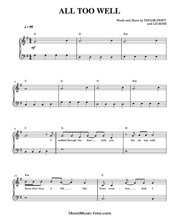 All Too Well Easy Piano Sheet Music PDF Taylor Swift Free Download Easy Piano Sheet Music by Taylor Swift. All Too Well Easy Piano Sheet Music All Too Well Music Notes All Too Well Music Score