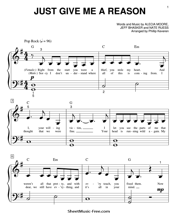 Just Give Me A Reason Sheet Music PDF Pink Free Download Easy Piano Sheet Music by Pink. Just Give Me A Reason Easy Piano Sheet Music Just Give Me A Reason Music Notes Just Give Me A Reason Music Score