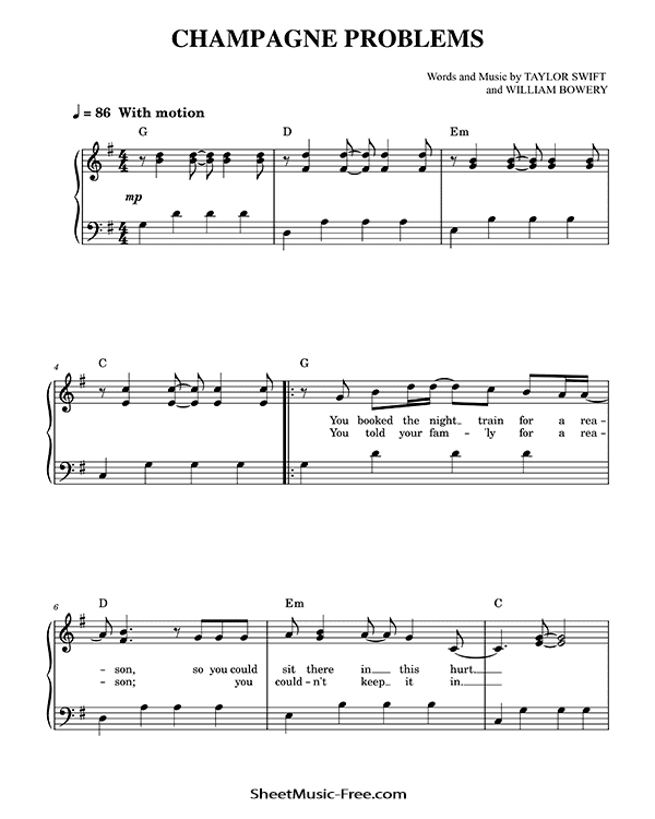 champagne problems Sheet Music PDF Taylor Swift Free Download Easy Piano Sheet Music by Taylor Swift. champagne problems Easy Piano Sheet Music champagne problems Music Notes champagne problems Music Score