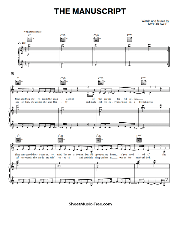 The Manuscript Sheet Music Taylor Swift - ♪ SHEETMUSIC-FREE.COM