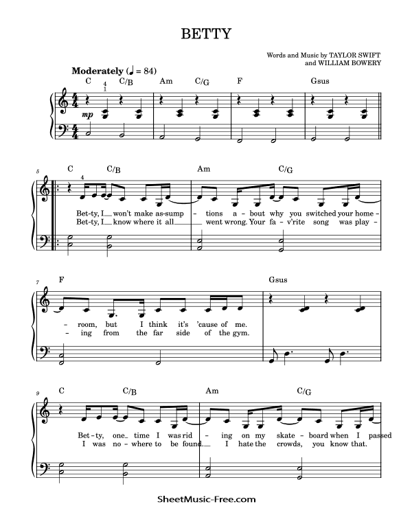 Betty Sheet Music PDF Taylor Swift Free Download Easy Piano Sheet Music by Taylor Swift. Betty Easy Piano Sheet Music Betty Music Notes Betty Music Score