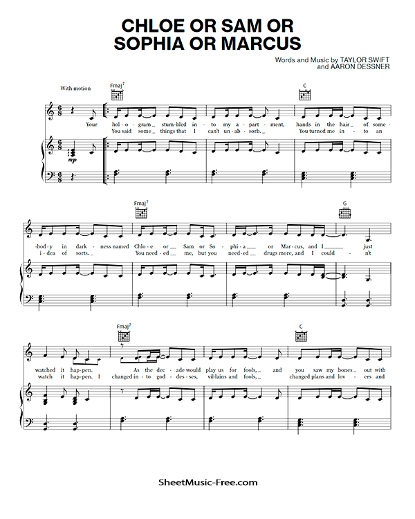 Chloe or Sam or Sophia or Marcus Sheet Music Taylor Swift PDF Free Download Piano Sheet Music by Taylor Swift. Chloe or Sam or Sophia or Marcus Piano Sheet Music Chloe or Sam or Sophia or Marcus Music Notes Chloe or Sam or Sophia or Marcus Music Score