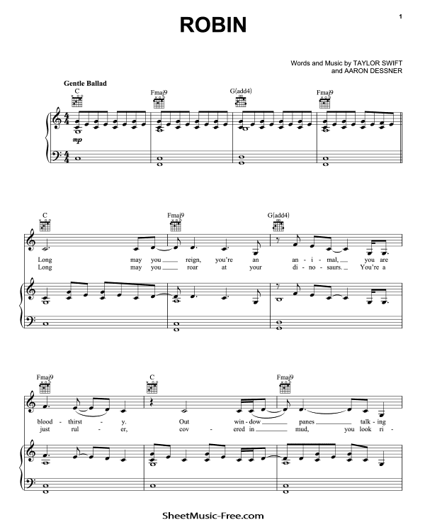 Robin Sheet Music Taylor Swift PDF Free Download Piano Sheet Music by Taylor Swift. Robin Piano Sheet Music Robin Music Notes Robin Music Score