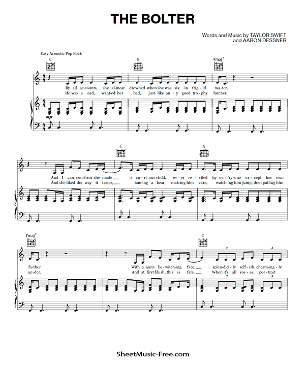 The Bolter Sheet Music Taylor Swift PDF Free Download Piano Sheet Music by Taylor Swift. The Bolter Piano Sheet Music The Bolter Music Notes The Bolter Music Score