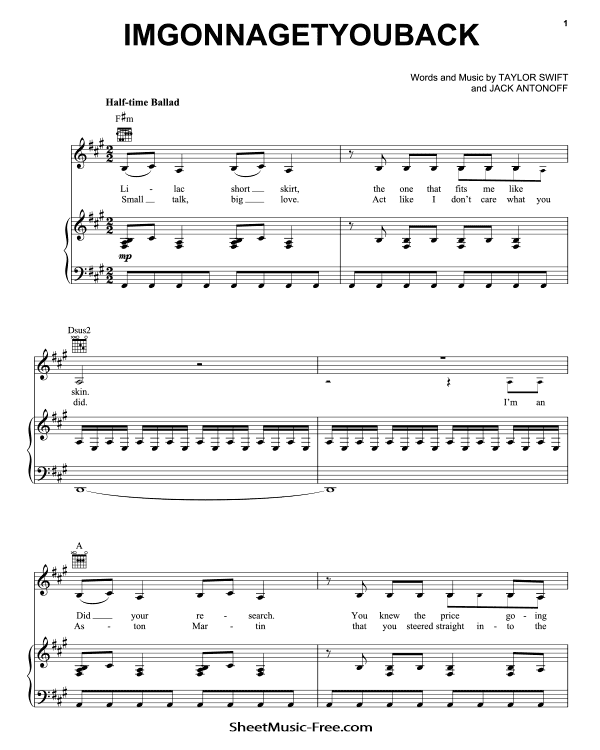 imgonnagetyouback Sheet Music Taylor Swift PDF Free Download Piano Sheet Music by Taylor Swift. imgonnagetyouback Piano Sheet Music imgonnagetyouback Music Notes imgonnagetyouback Music Score