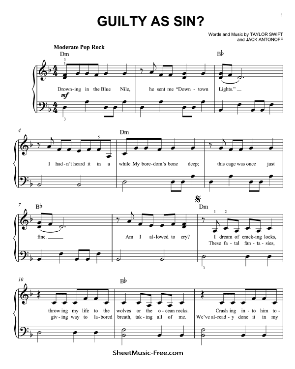 Guilty as Sin Sheet Music Easy Piano Taylor Swift