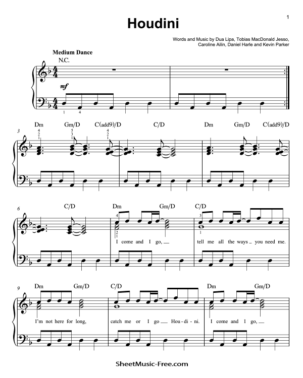 Houdini Easy Piano Sheet Music Dua Lipa