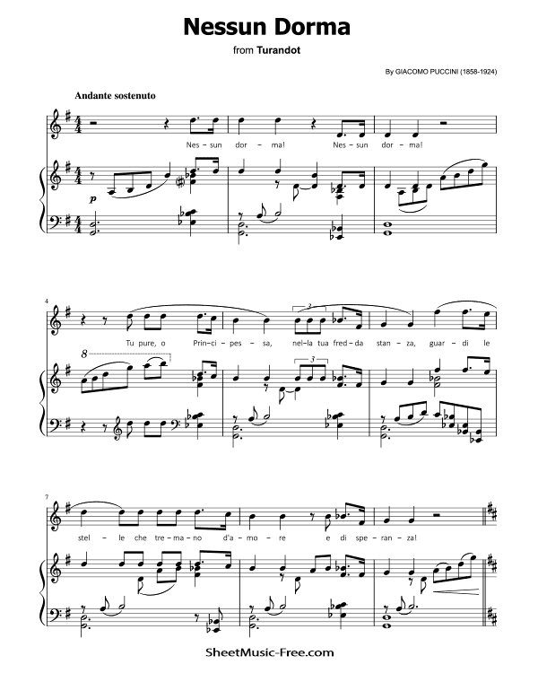 Nessun Dorma Piano Sheet Music Luciano Pavarotti - Puccini