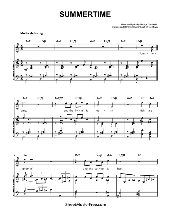 Summertime Piano Sheet Music George Gershwin