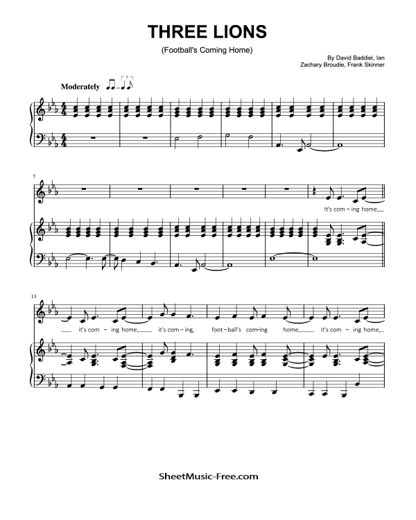 Three Lions (Football's Coming Home) Piano Sheet Music The Lightning Seeds