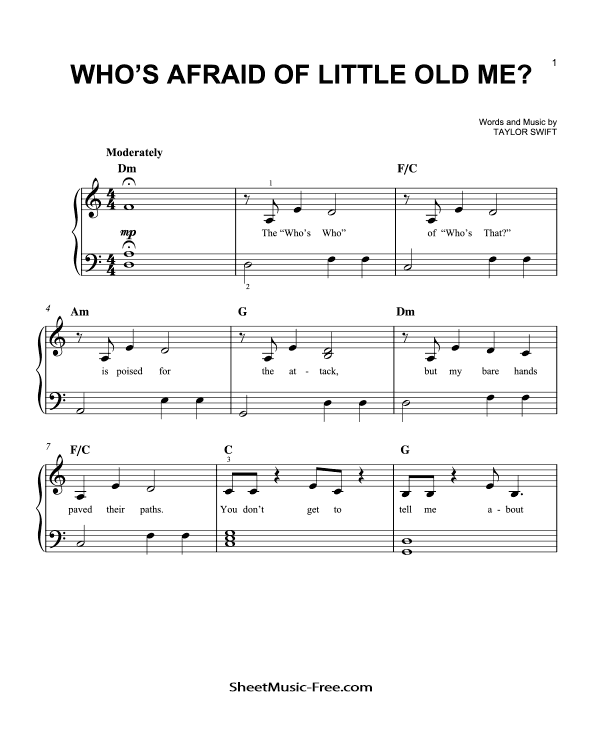 Who’s Afraid of Little Old Me Sheet Music Easy Piano Taylor Swift