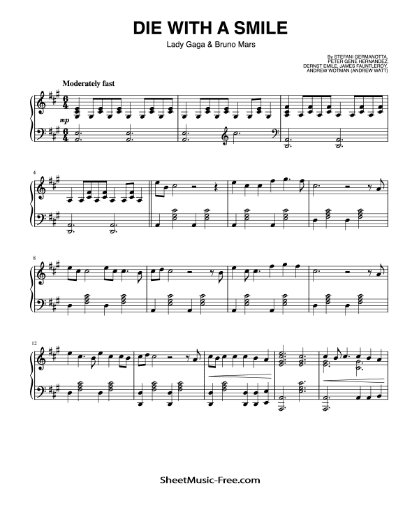 Die With A Smile Piano Sheet Music Lady Gaga, Bruno Mars (Piano Solo)