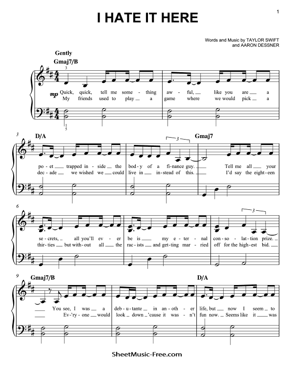 I Hate It Here Sheet Music Easy Piano Taylor Swift