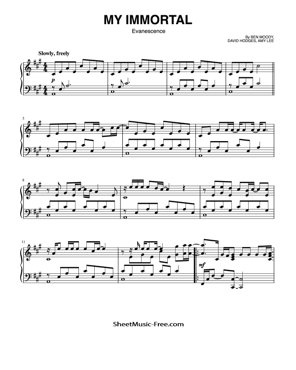 My Immortal Piano Sheet Music Evanescence Piano Solo