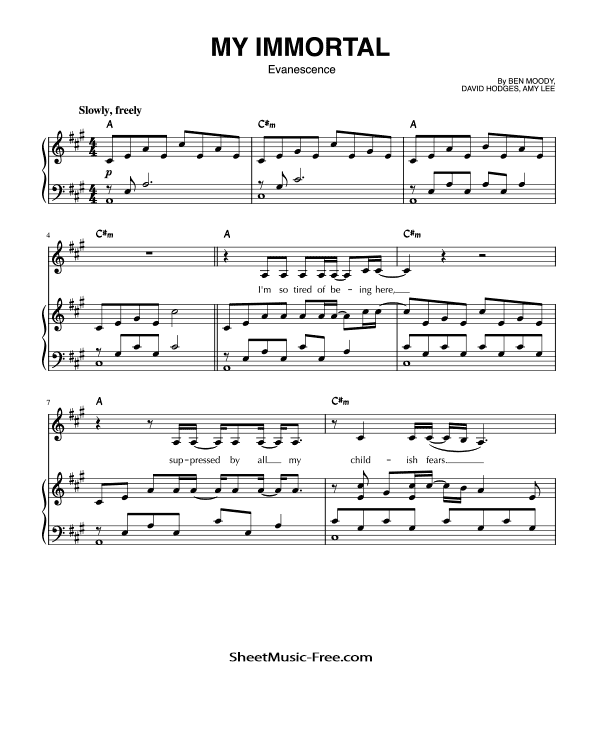 My Immortal Piano Sheet Music Evanescence