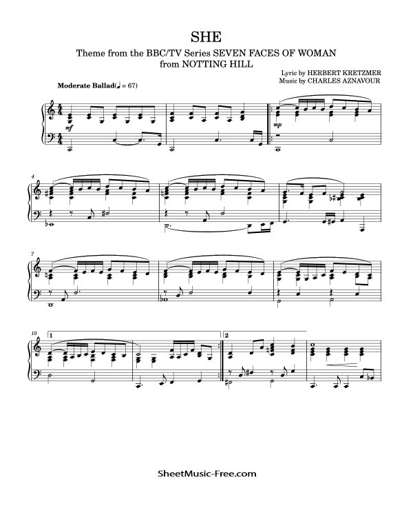 She Piano Sheet Music Elvis Costello (Piano Solo)