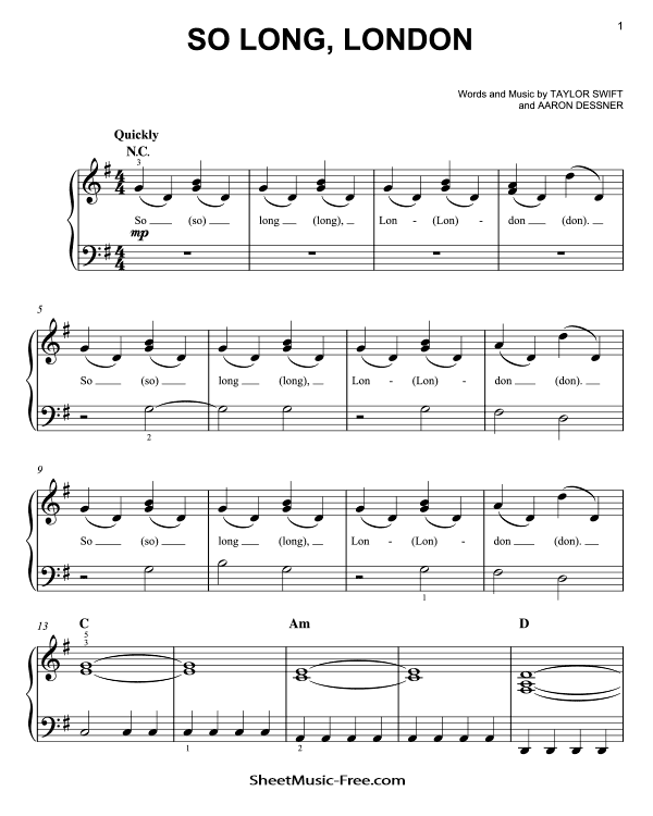 So Long London Sheet Music Easy Piano Taylor Swift