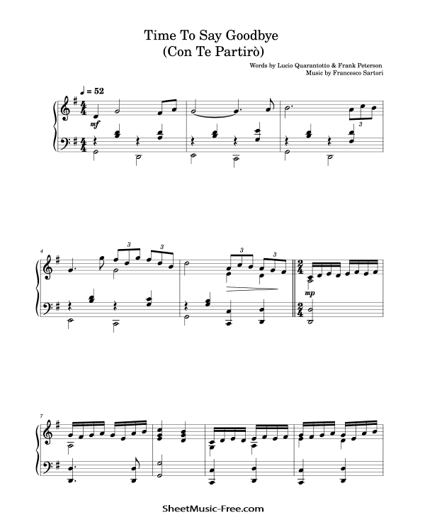 Time To Say Goodbye (Con Te Partiro) Piano Sheet Music Andrea Bocelli