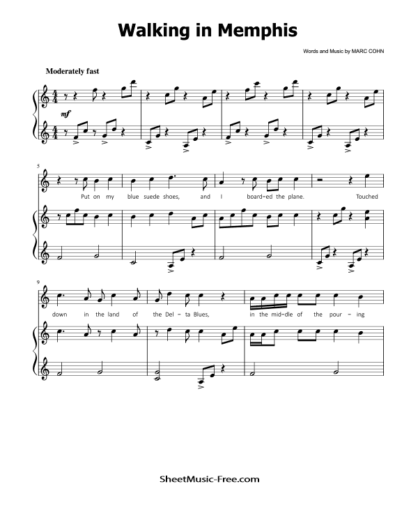 Walking in Memphis Piano Sheet Music Marc Cohn - ♪ SHEETMUSIC-FREE.COM