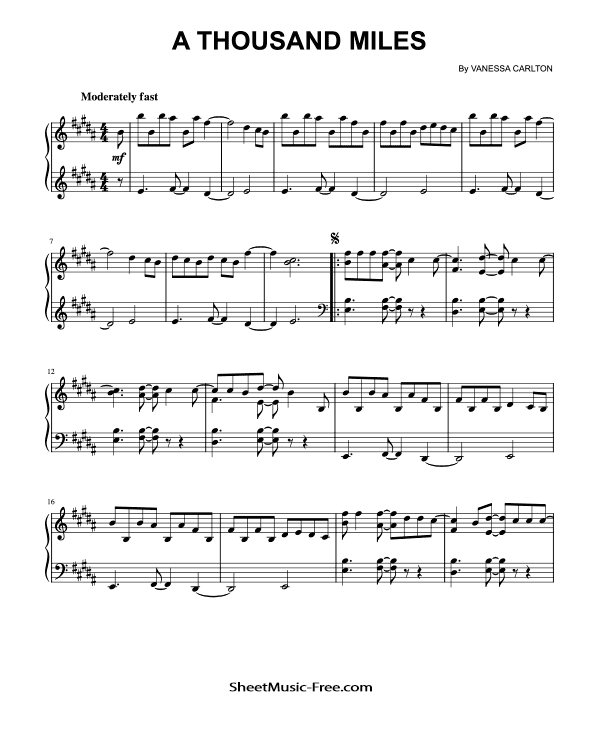 A Thousand Miles Piano Sheet Music Vanessa Carlton