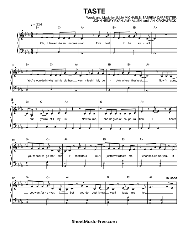 Taste Sheet Music Easy Piano Sabrina Carpenter